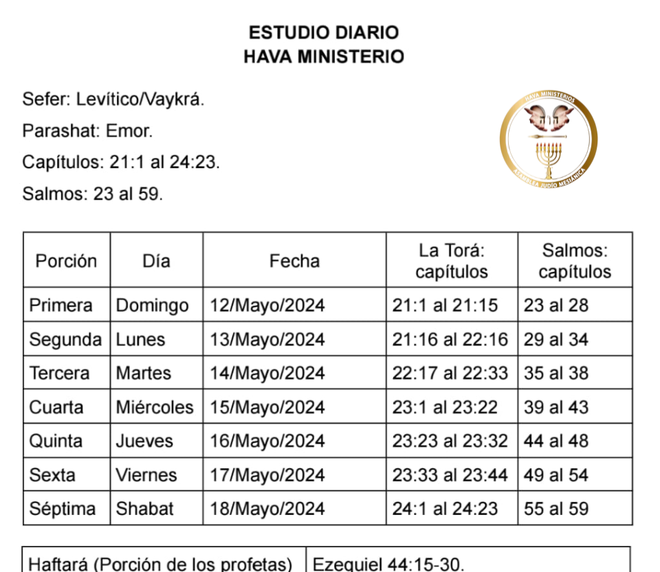 CALENDARIO DE ESTUDIO DE LA PARASHA EMOR